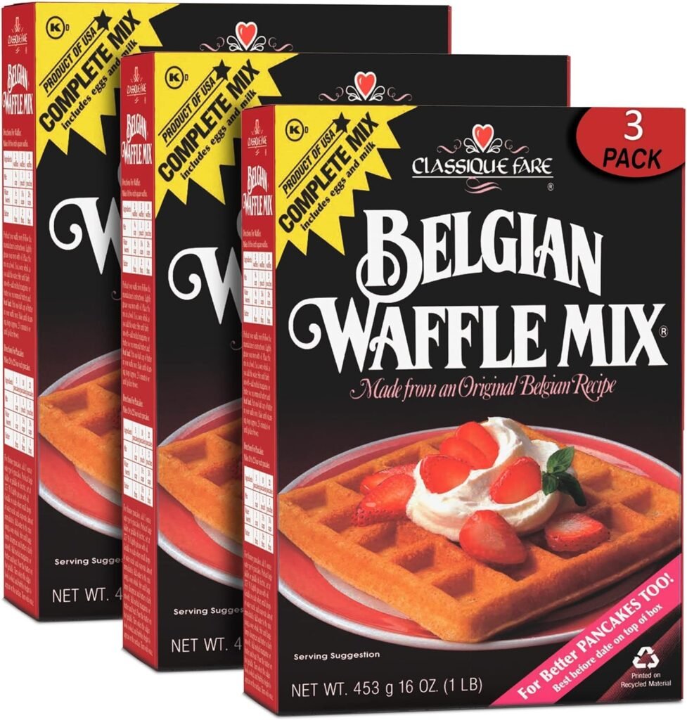 Classique Fare Belgian Waffle Mix - Makes Light and Crisp Waffles, Pancakes, Muffins  Crepes - Works with Waffle Maker - Fast and Fresh Breakfast Foods - 16 Oz Boxes (Pack of 3)