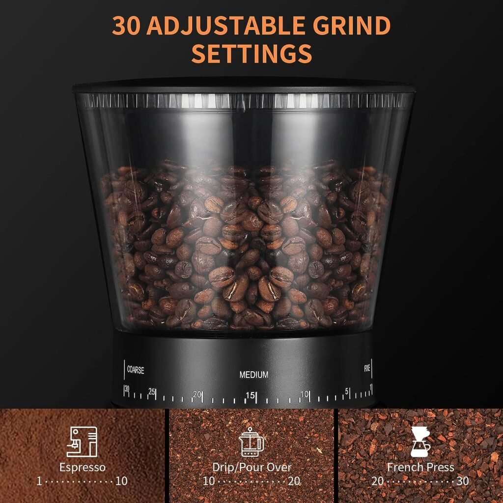 Coffee Bean Burr Grinder Electric, Burr Mill Conical Coffee Grinder With 30 Adjustable Grind Settings For 2-12 Cups, Sliver  Black