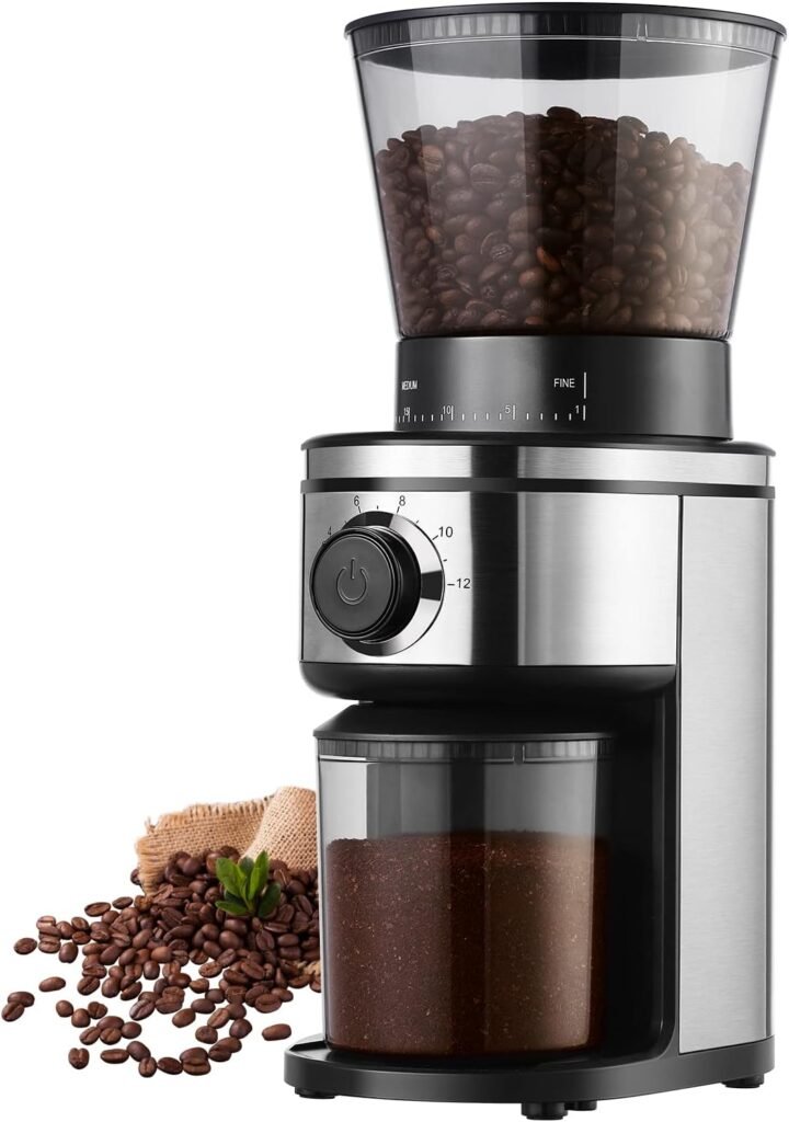 Coffee Bean Burr Grinder Electric, Burr Mill Conical Coffee Grinder With 30 Adjustable Grind Settings For 2-12 Cups, Sliver  Black