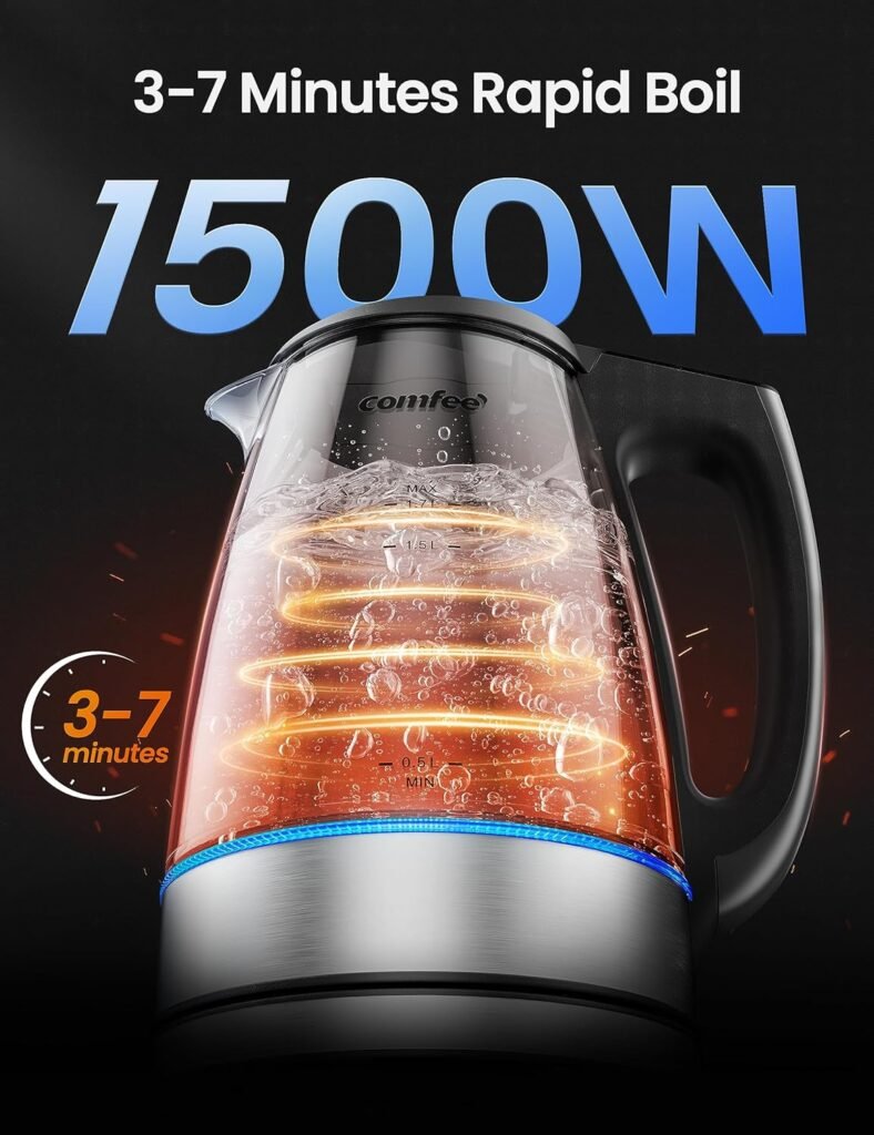 COMFEE Glass Electric Tea Kettle  Hot Water Kettle Electric, 1.7L Electric Kettle with LED Indicator, 1500W Fast Boil, Auto Shut-Off and Boil-Dry Protection