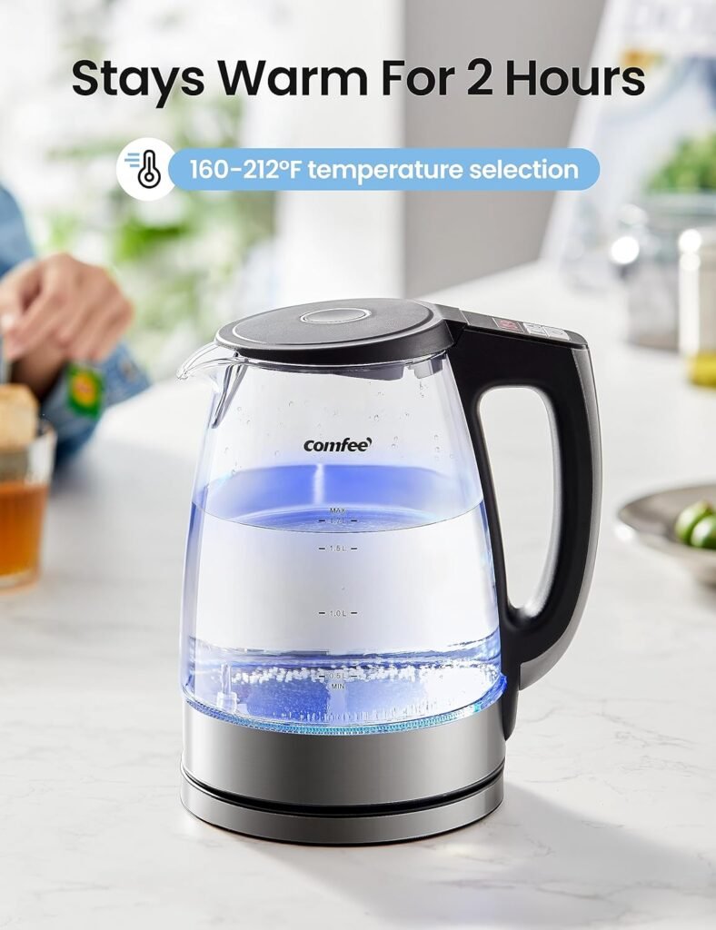 COMFEE Glass Electric Tea Kettle  Hot Water Kettle Electric, 1.7L Electric Kettle with LED Indicator, 1500W Fast Boil, Auto Shut-Off and Boil-Dry Protection