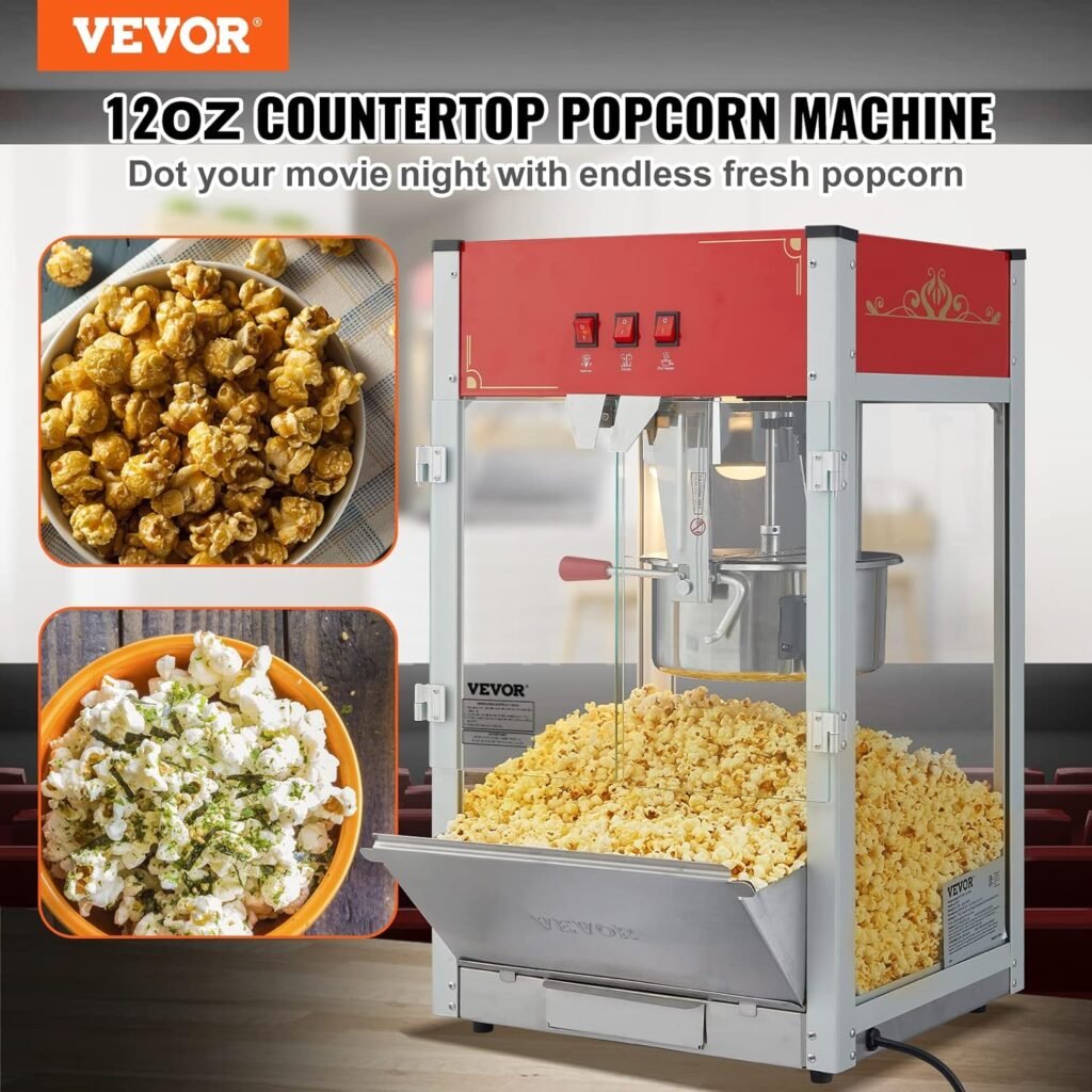 Commercial Popcorn Machine, 8 Oz Kettle, 850 W Countertop Popcorn Maker for 48 Cups per Batch, Theater Style Popper with 3-Switch Control Steel Frame Tempered Glass Doors 2 Scoops 2 Spoons, Red