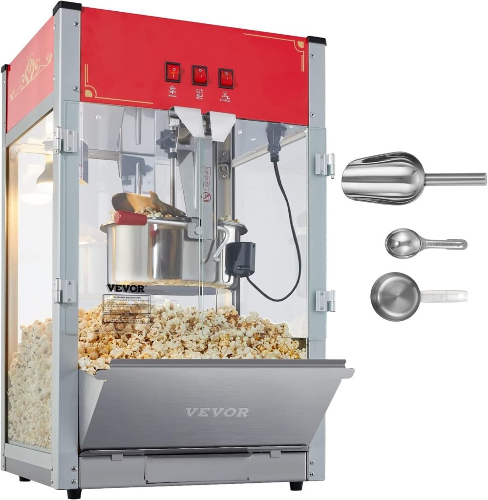 Commercial Popcorn Machine, 8 Oz Kettle, 850 W Countertop Popcorn Maker for 48 Cups per Batch, Theater Style Popper with 3-Switch Control Steel Frame Tempered Glass Doors 2 Scoops 2 Spoons, Red