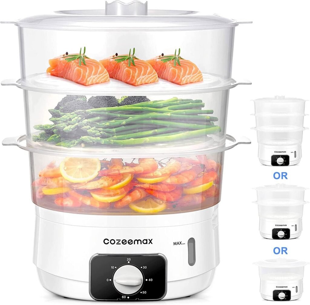 Cozeemax 3 Tier Electric Food Steamer for Cooking, 13.7QT Vegetable Steamer for Fast Simultaneous Cooking, Veggie Steamer, Food Steam Cooker, 60 Minute Timer, BPA Free Baskets, 800W(White)