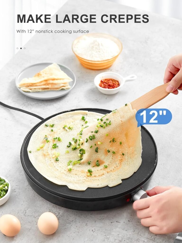 Crepe Maker Machine, Reemix Compact Pancake Griddle Precise Temperature Control, Nonstick 12” Electric Griddle, Batter Spreader for Eggs, Pancakes, Omelets and Quesadillas, Includes Spatula, Spreader