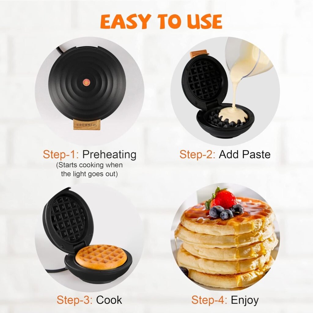 CROWNFUL Mini Waffle Maker Machine, 4 Inch Chaffle Maker with Compact Design, Easy to Clean, Non-Stick Surface, Recipe Guide Included, Perfect for Breakfast, Dessert, Sandwich, or Other Snacks, Black