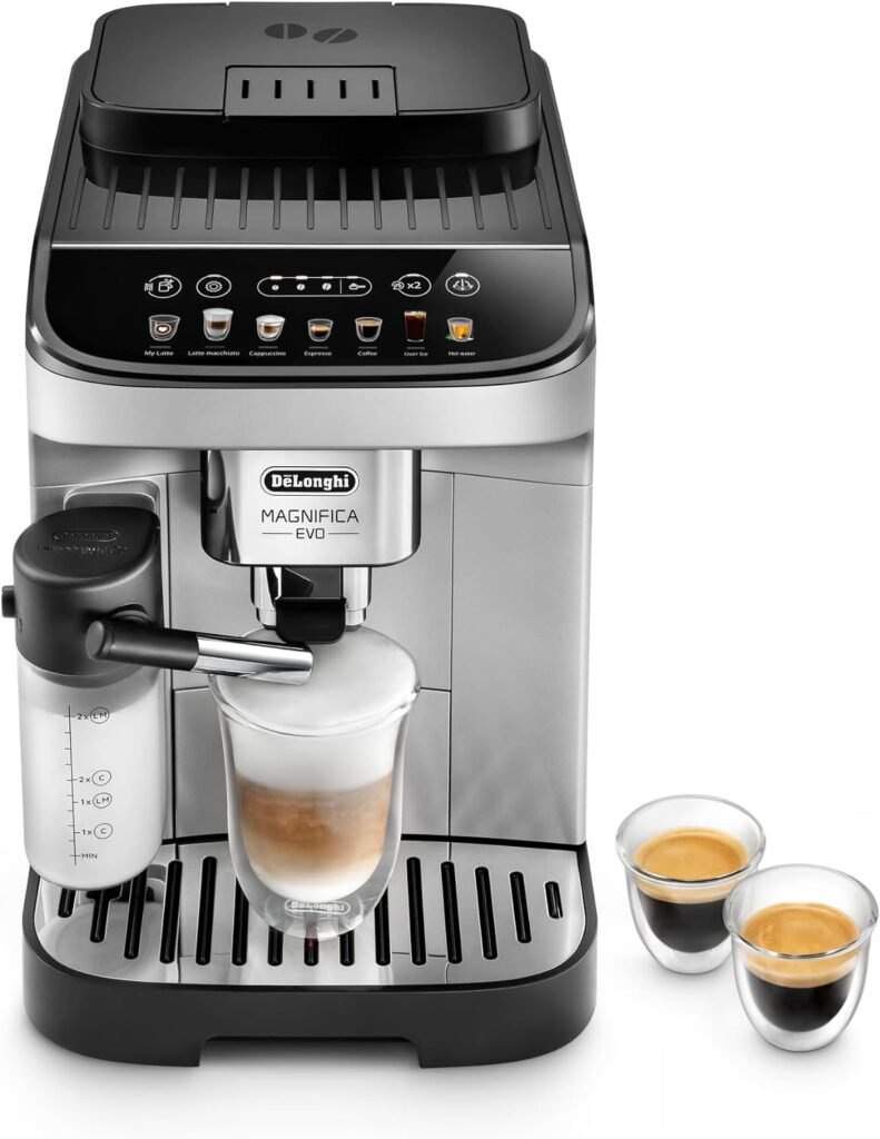 DeLonghi Magnifica Evo, Fully Automatic Machine Bean to Cup Espresso Cappuccino and Iced Coffee Maker, Colored Touch Display, Black, Silver