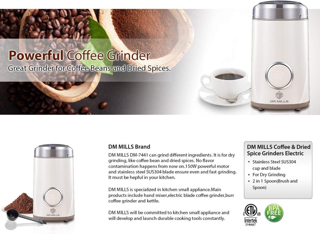 DR MILLS DM-7441 Coffee Grinder Electric,Coffee Bean Grinder,Spice Grinder,Blade  cup made with SUS304 stianlees steel (Black)