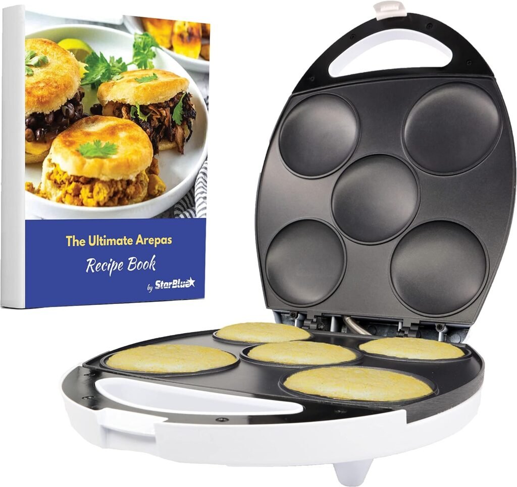 Electric Arepa Maker and Mini Pancake Maker by StarBlue with FREE Arepa Recipes eBook - Quick and making 5 Venezuela and Colombia styles Arepas in 6 minutes AC 120V 60Hz 1200W