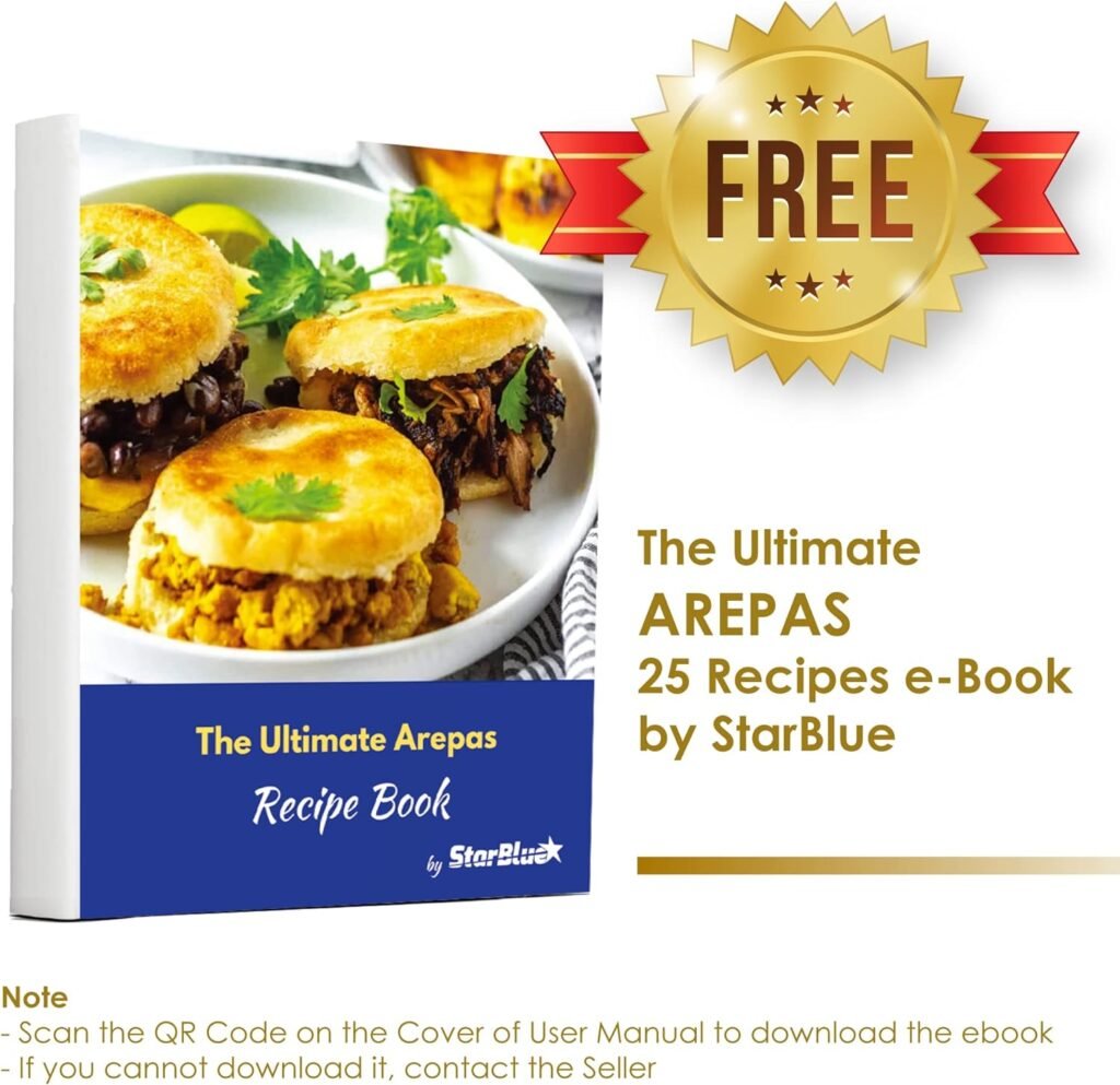 Electric Arepa Maker and Mini Pancake Maker by StarBlue with FREE Arepa Recipes eBook - Quick and making 5 Venezuela and Colombia styles Arepas in 6 minutes AC 120V 60Hz 1200W