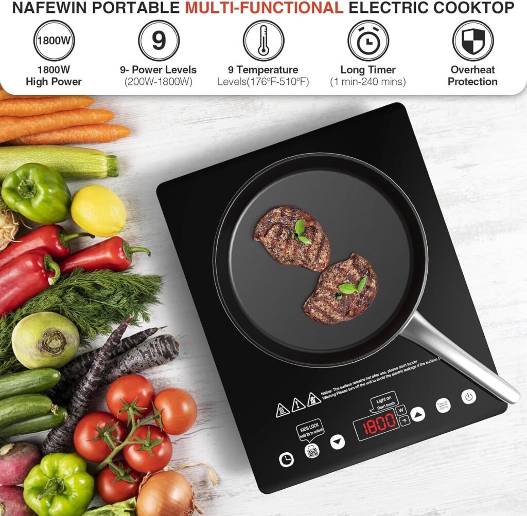 Electric Cooktop Single Burner, 1800W Electric Stove Top Portable, Electric Hot Plate 110v Plug in Countertop,Child Safety Lock,Timer,9 Power Level, Compatible for All Cookware, Induction Cookotp