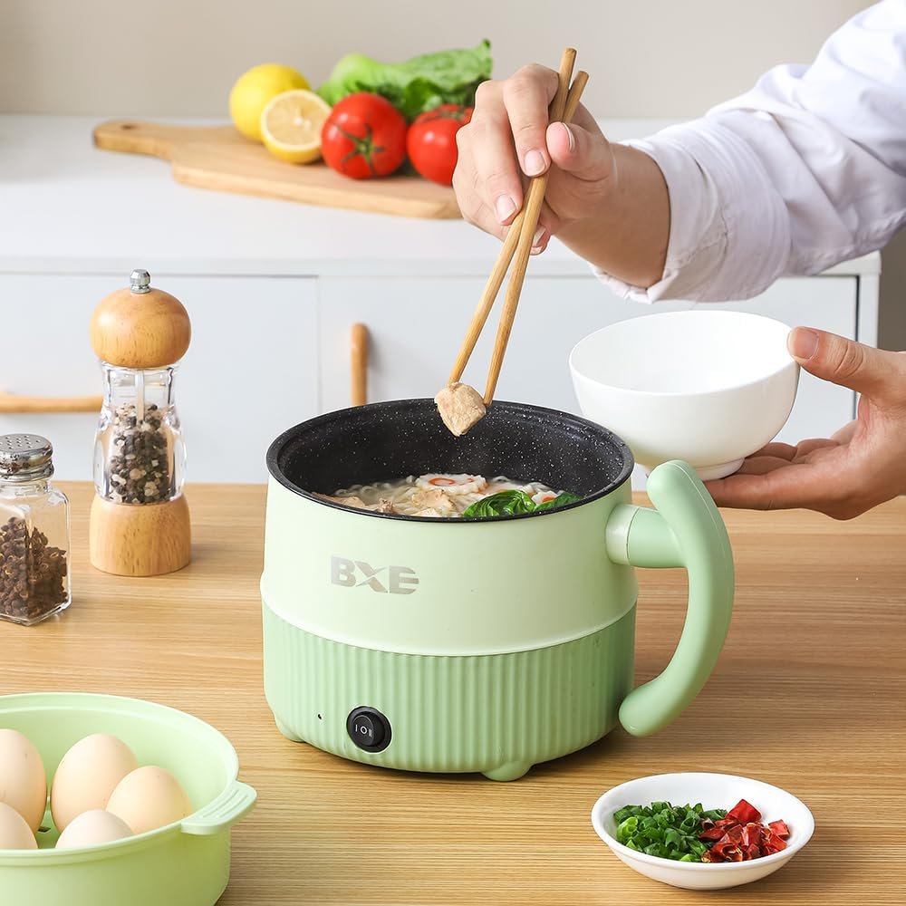 Electric Hot Pot, Mini Ramen Cooker, 1.5L Noodles Pot, Hot Pot Electric, Mini Pot for Steak, Egg, Fried Rice, Ramen, Soup, Porridge, Oatmeal, Portable Cooking Pot with Power Adjustment