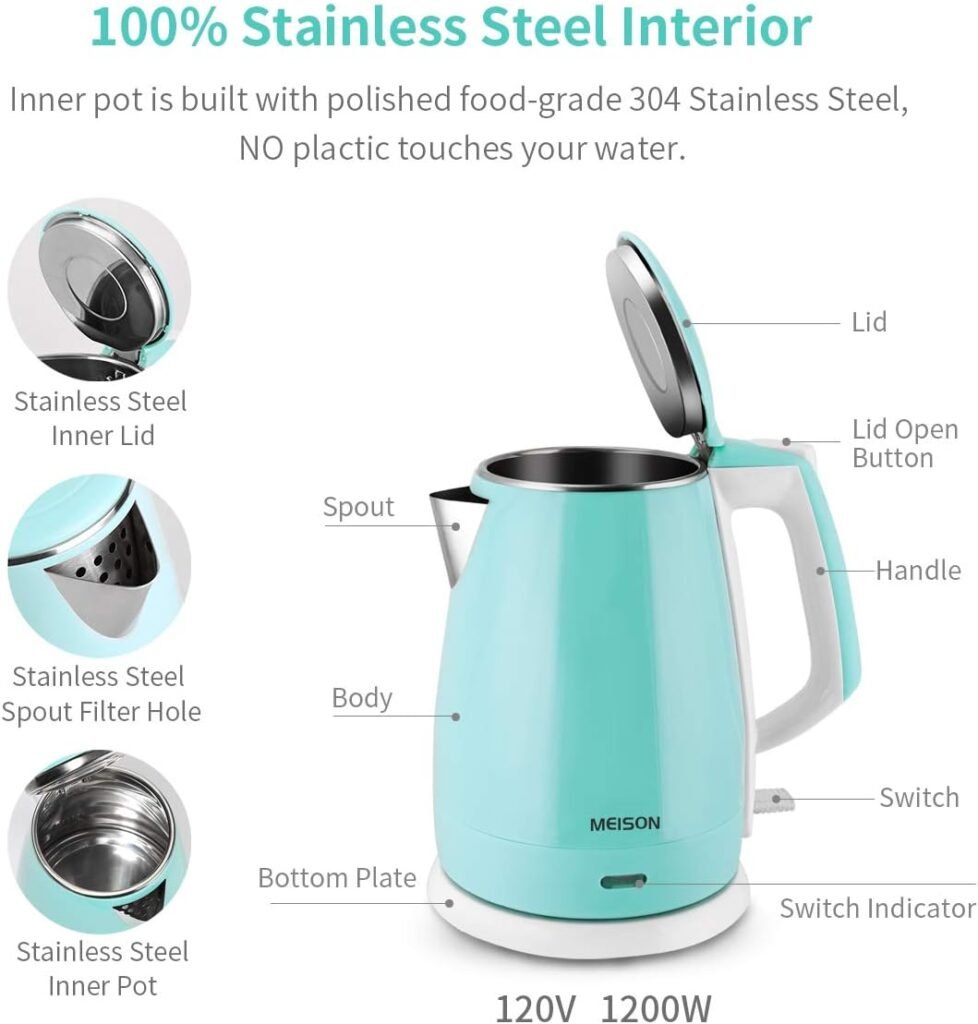 Electric Kettle(BPA Free), Double Wall Water Boiler Heater, Stainless Steel Interior, Cool Touch Coffee Pot  Tea Kettle, Auto Shut-Off and Boil-Dry Protection, 1.5L, 2 Year Warranty