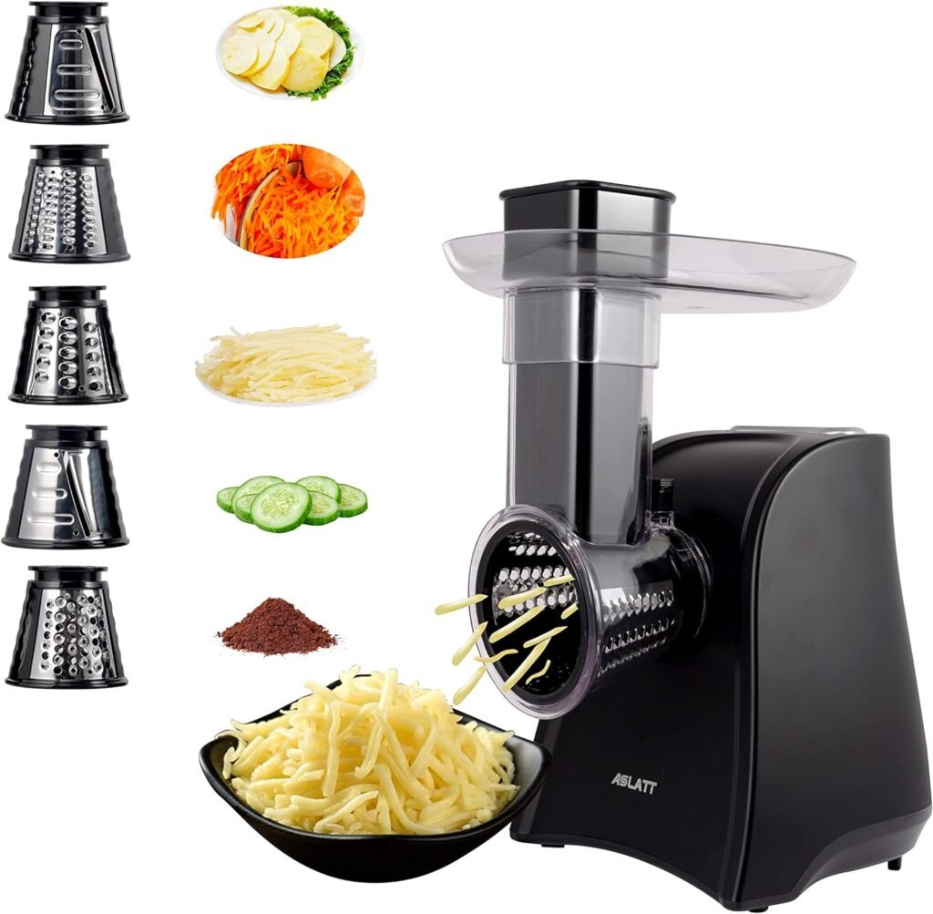 Electric Slicer, Electric Cheese Grater for Home Kitchen Use, One-Touch Control Cheese Shredder, Salad Maker Machine for Fruits, Vegetables, Cheese Grater with 5 Attachments