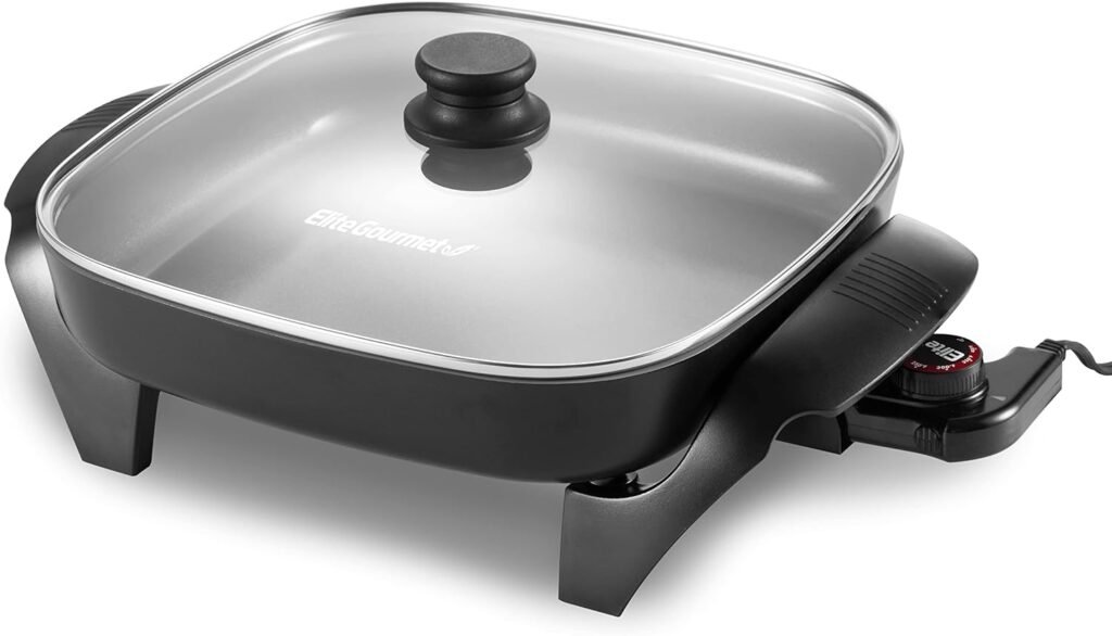 Elite Gourmet EG2212 12x12x2.15” Healthy Ceramic Coated Electric Skillet, Dishwasher Safe, Rapid Heat Up, 1200W, Dark Grey