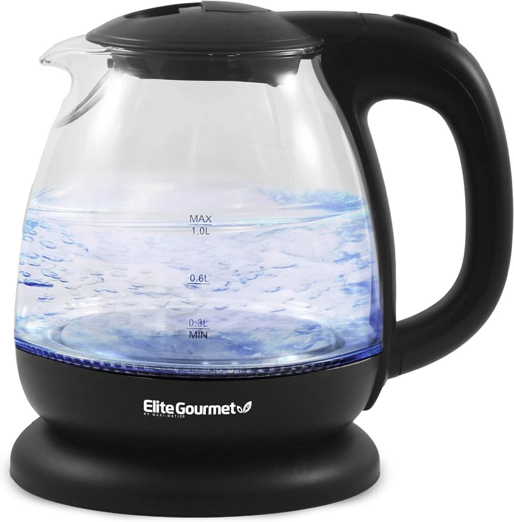 Elite Gourmet EKT1001B Electric 1.0L BPA-Free 1100W Glass Kettle Cordless 360° Base, Stylish Blue LED Interior, Handy Auto Shut-Off Function – Quickly Boil Water For Tea  More, Graphite Black