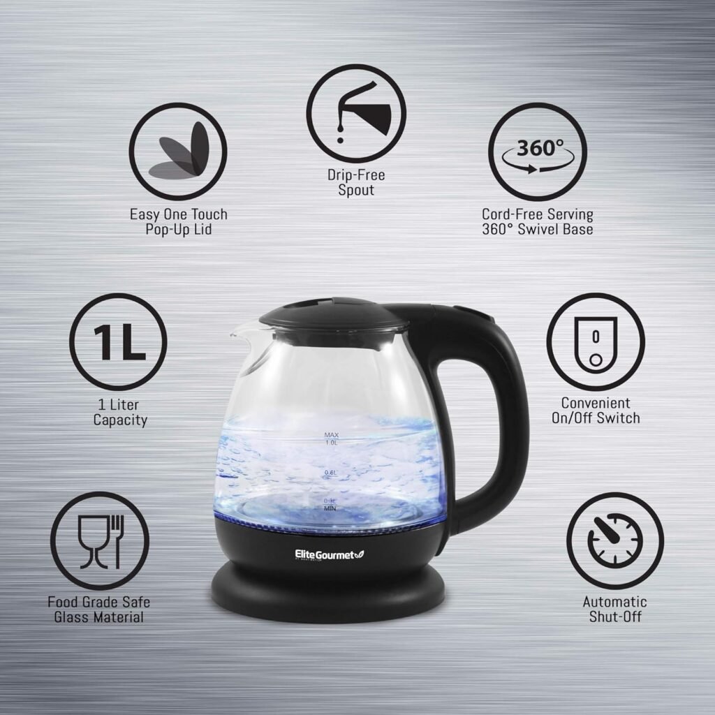 Elite Gourmet EKT1001B Electric 1.0L BPA-Free 1100W Glass Kettle Cordless 360° Base, Stylish Blue LED Interior, Handy Auto Shut-Off Function – Quickly Boil Water For Tea  More, Graphite Black