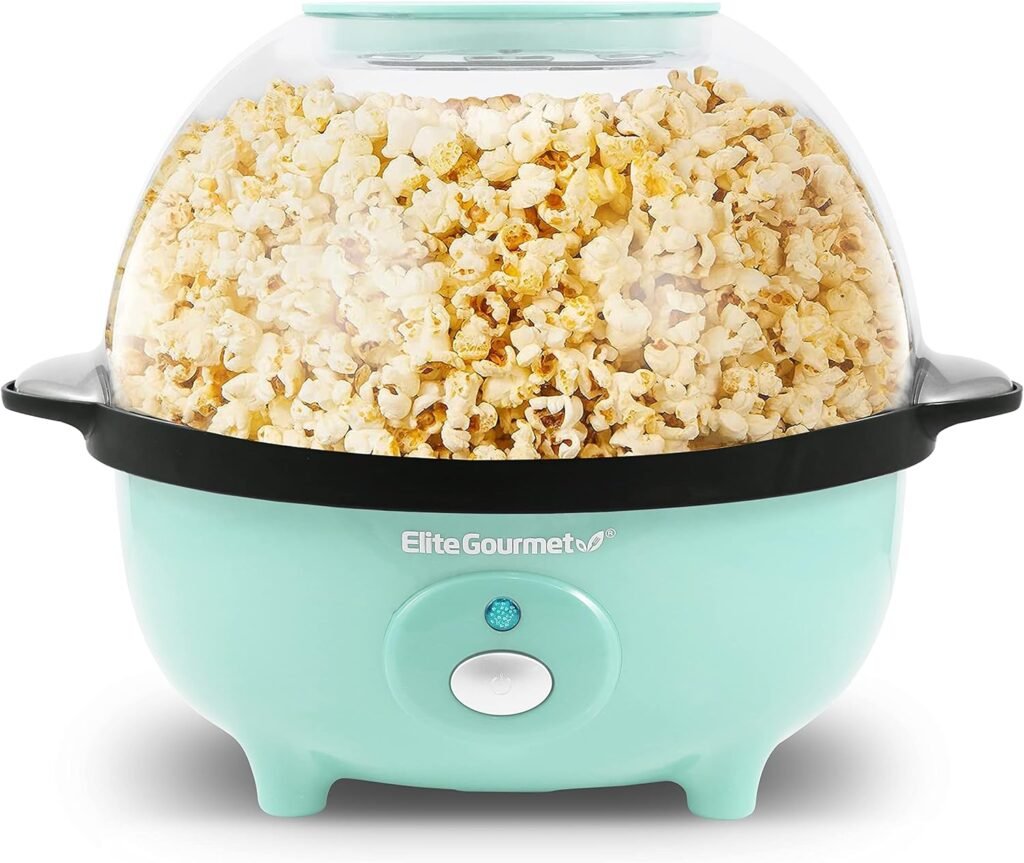 Elite Gourmet EPM330M Automatic Stirring 3Qt. Popcorn Maker Popper, Hot Oil Popcorn Machine with Measuring Cap  Built-in Reversible Serving Bowl, Great for Home Party Kids, Safety ETL Approved, Mint