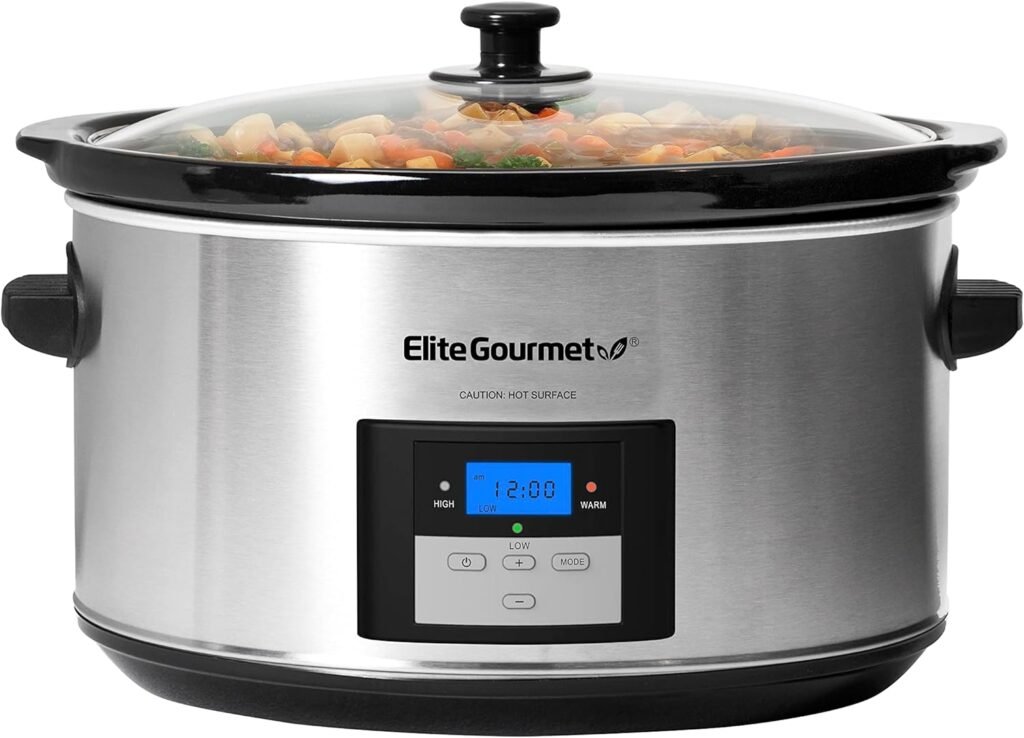 Elite Gourmet MST-900D# Digital Programmable Slow Cooker, Oval Adjustable Temp, Entrees, Sauces, Stews  Dips, Dishwasher Safe Glass Lid  Crock (8.5 Quart, Stainless Steel)