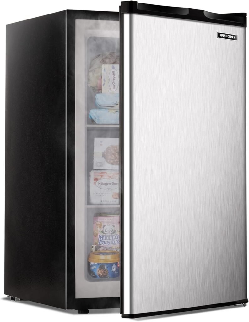 EUHOMY Upright freezer, 3.0 Cubic Feet, Single Door Compact Mini Freezer with Reversible Stainless Steel Door, Small freezer for Home/Dorms/Apartment/Office (Silver)