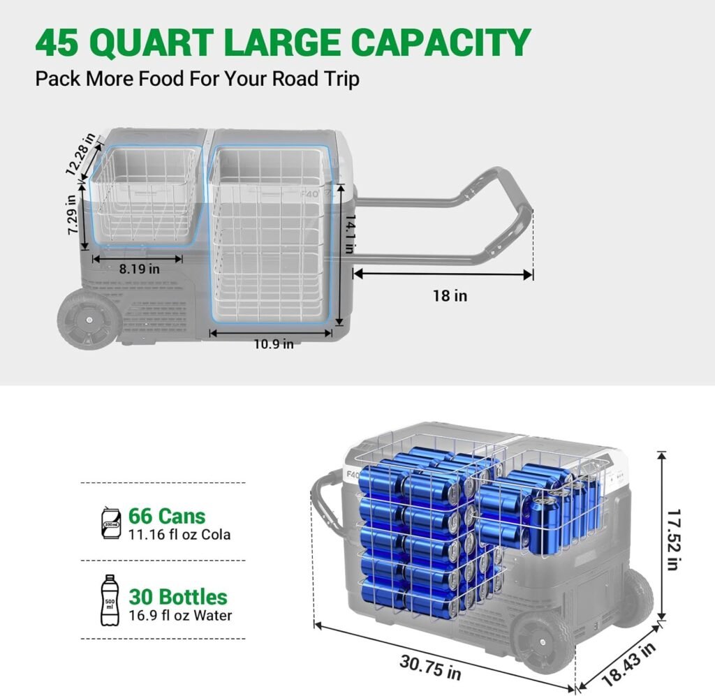 F40C4TMP 12 Volt Portable Refrigerator, 45 Quart Dual Zone Car Freezer, Independent Temp Control(-4℉~68℉), 43L Compressor Fridge, Wheels  2 Baskets For Camping, Travel, Road Trip, 12V/24V DC110V AC