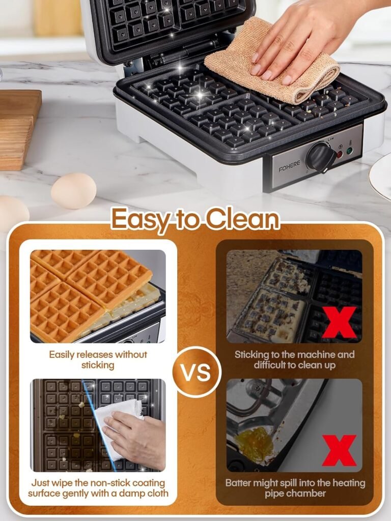 FOHERE Belgian Waffle Maker 4 Slices, 1200W Waffle Iron, 5 Browning Levels, Nonstick Plates, Cool-touch Handle, Anti-scald Phenolic Housing, Anti-overflow Moat, Indicator Lights, Recipes, White