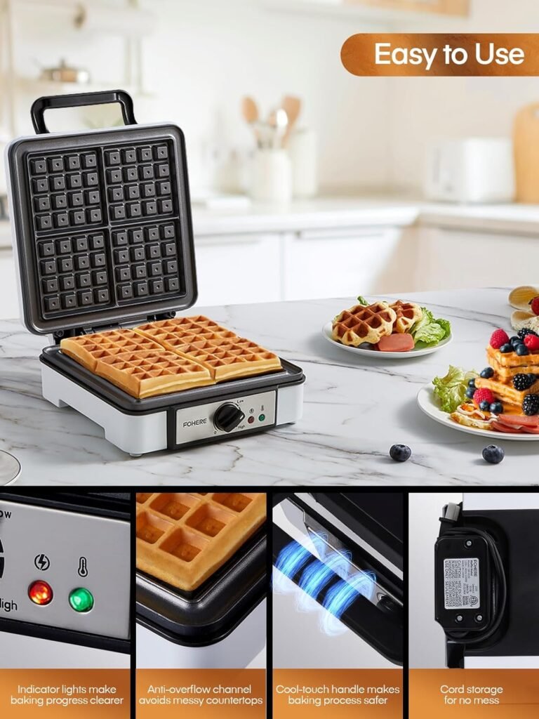 FOHERE Belgian Waffle Maker 4 Slices, 1200W Waffle Iron, 5 Browning Levels, Nonstick Plates, Cool-touch Handle, Anti-scald Phenolic Housing, Anti-overflow Moat, Indicator Lights, Recipes, White