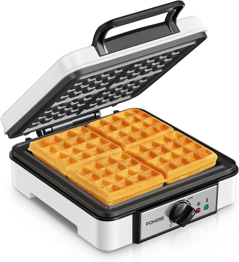 FOHERE Belgian Waffle Maker 4 Slices, 1200W Waffle Iron, 5 Browning Levels, Nonstick Plates, Cool-touch Handle, Anti-scald Phenolic Housing, Anti-overflow Moat, Indicator Lights, Recipes, White