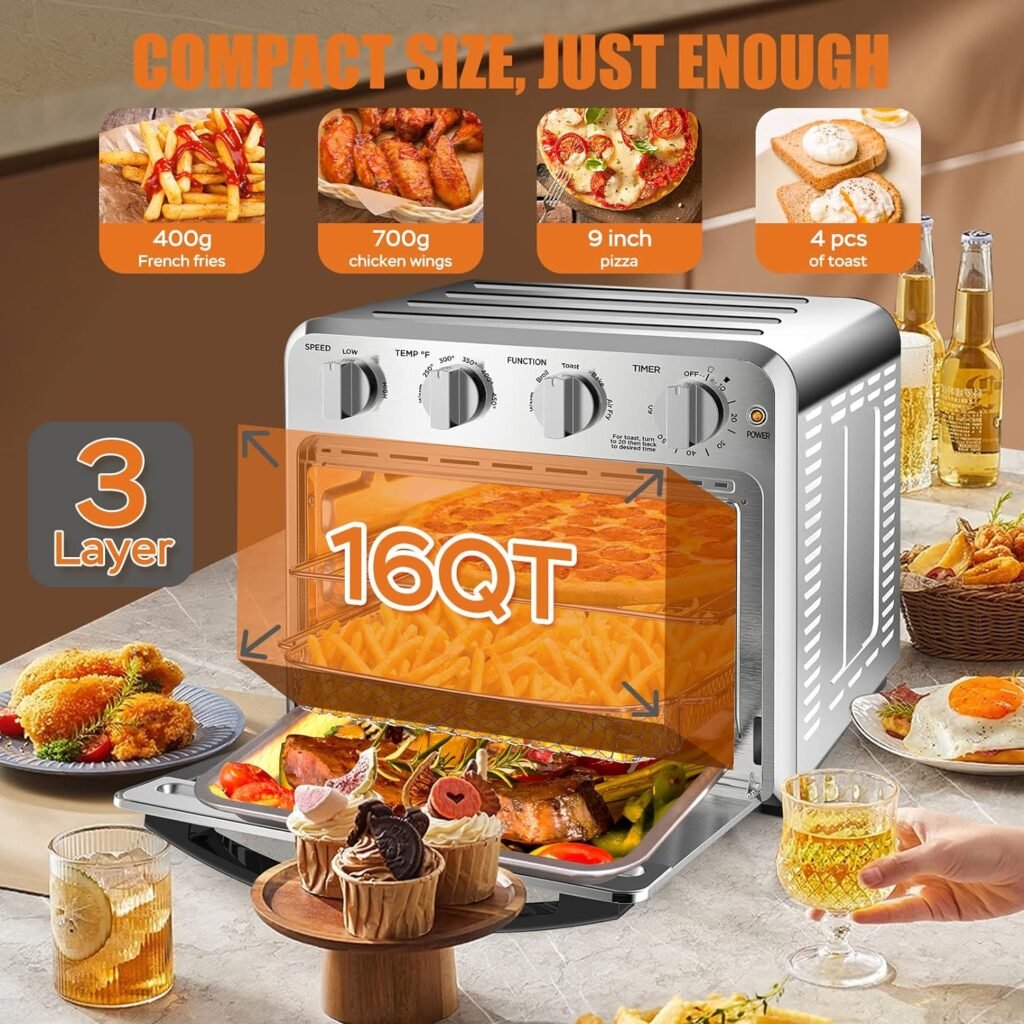 Geek Chef Air Fryer Toaster Oven Combo,16QT Convection Ovens Countertop, 4 Slice Toaster, 9-inch Pizza, with Warm, Broil, Toast, Bake, Air Fry, Oil-Free, 100+ Online Video Recipes  Accessories