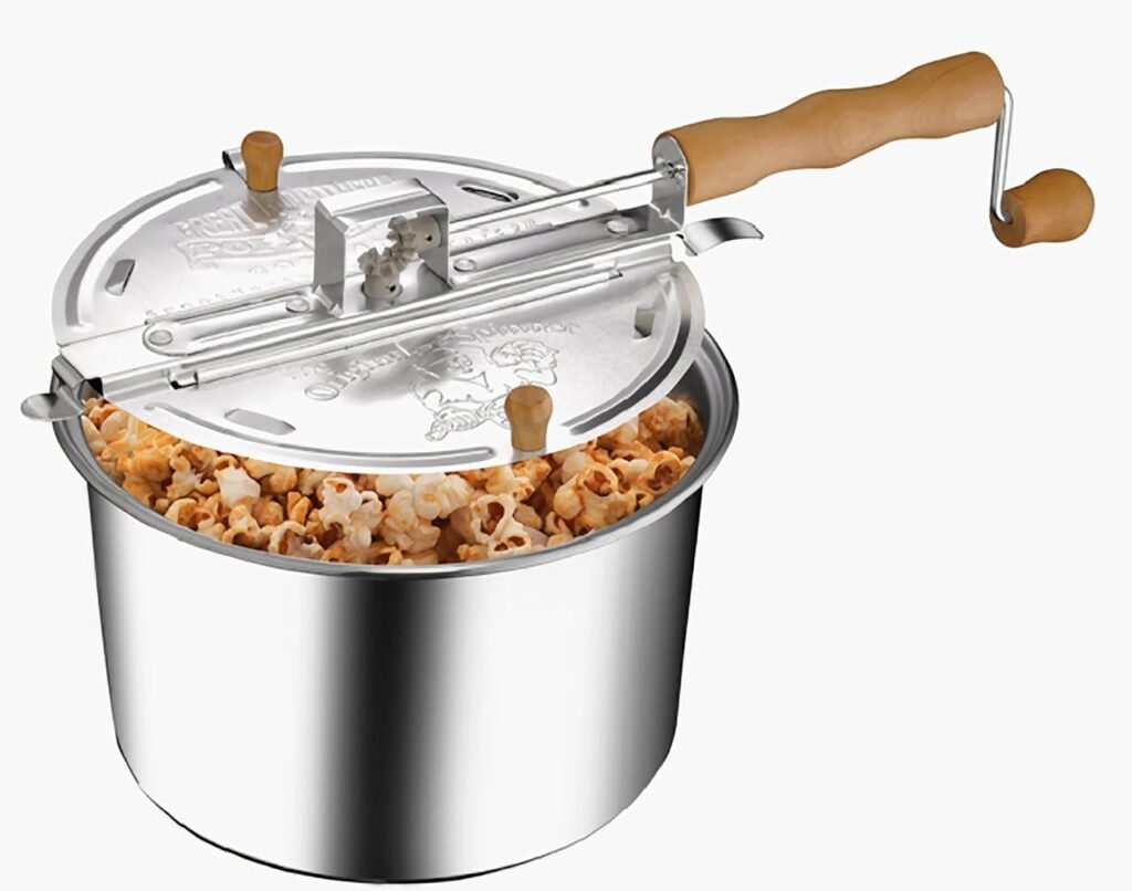 Great Northern Popcorn Stovetop Maker 6-Quart Aluminum Popcorn Popper with Hand Crank, Vented Lid, and Stir Paddle, (Silver)