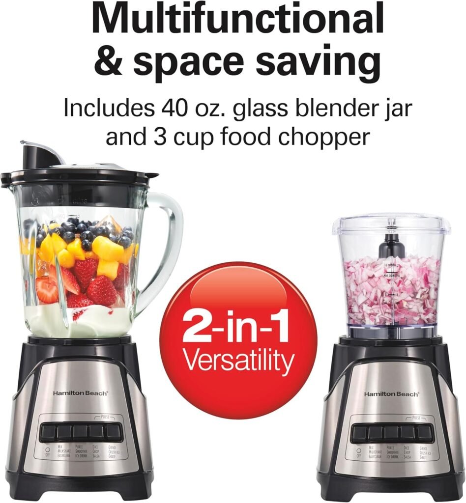 Hamilton Beach Power Elite Blender for Shakes and Smoothies with 3-Cup Vegetable Chopper Mini Food Processor, 40oz Glass Jar, 12 Functions for Puree, Ice Crush, Black and Stainless Steel (58149)