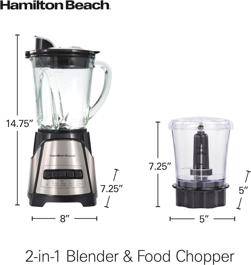 Hamilton Beach Power Elite Blender for Shakes and Smoothies with 3-Cup Vegetable Chopper Mini Food Processor, 40oz Glass Jar, 12 Functions for Puree, Ice Crush, Black and Stainless Steel (58149)