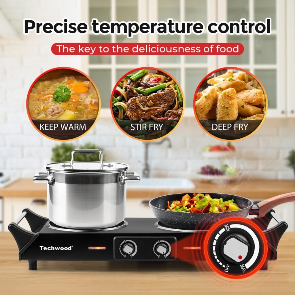 Hot Plate, Techwood 1800W Electric Stove, Countertop Double Burners for Cooking, Infrared Ceramic Dual Cooktops, Brushed Stainless Steel, Black