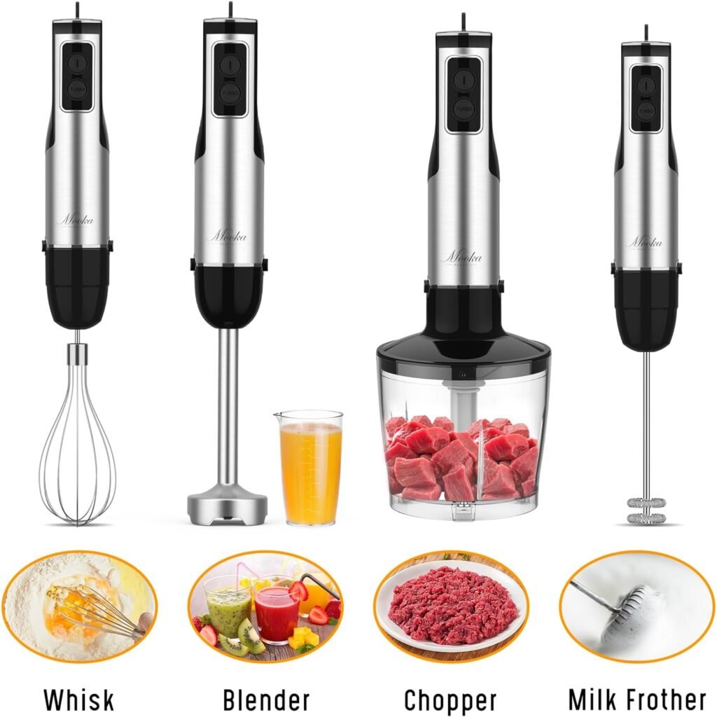 Immersion Blender Handheld, 1100W 5-in-1 Multi-Purpose Hand Blender, 12-Speed Stick Blender, 600ml Beaker, 500ml Chopper, Egg Whisk, Milk Frother, Black