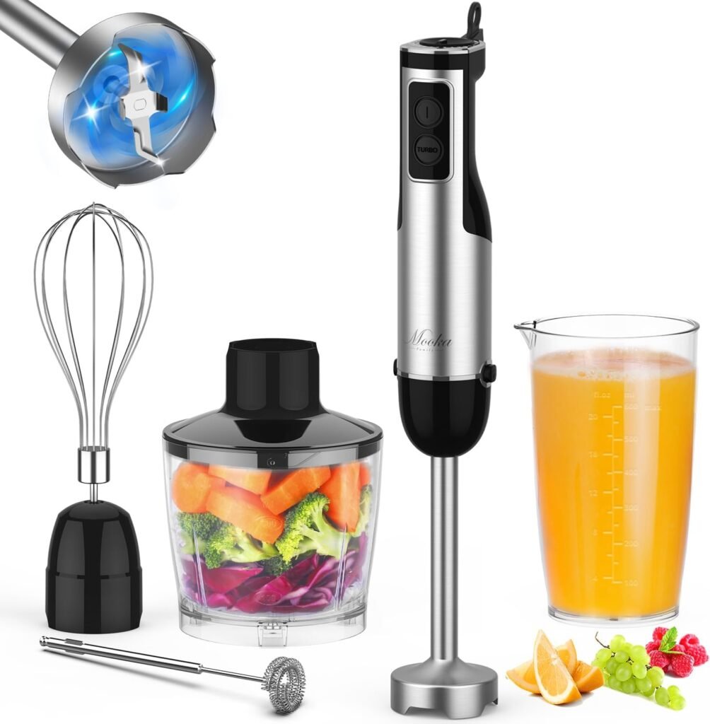 Immersion Blender Handheld, 1100W 5-in-1 Multi-Purpose Hand Blender, 12-Speed Stick Blender, 600ml Beaker, 500ml Chopper, Egg Whisk, Milk Frother, Black