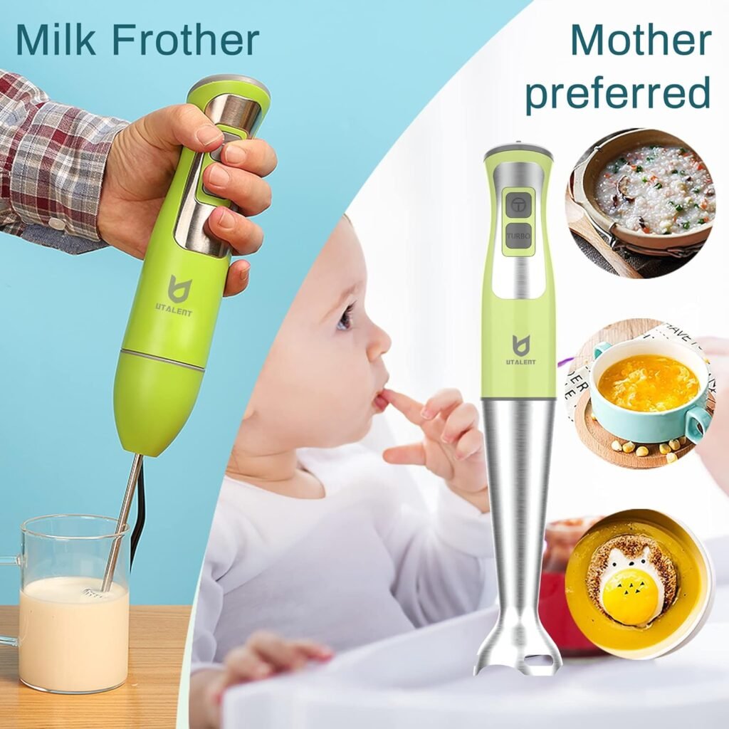 Immersion Hand Blender, UTALENT 3-in-1 8-Speed Stick Blender with Milk Frother, Egg Whisk for Coffee Milk Foam, Puree Baby Food, Smoothies, Sauces and Soups - Green