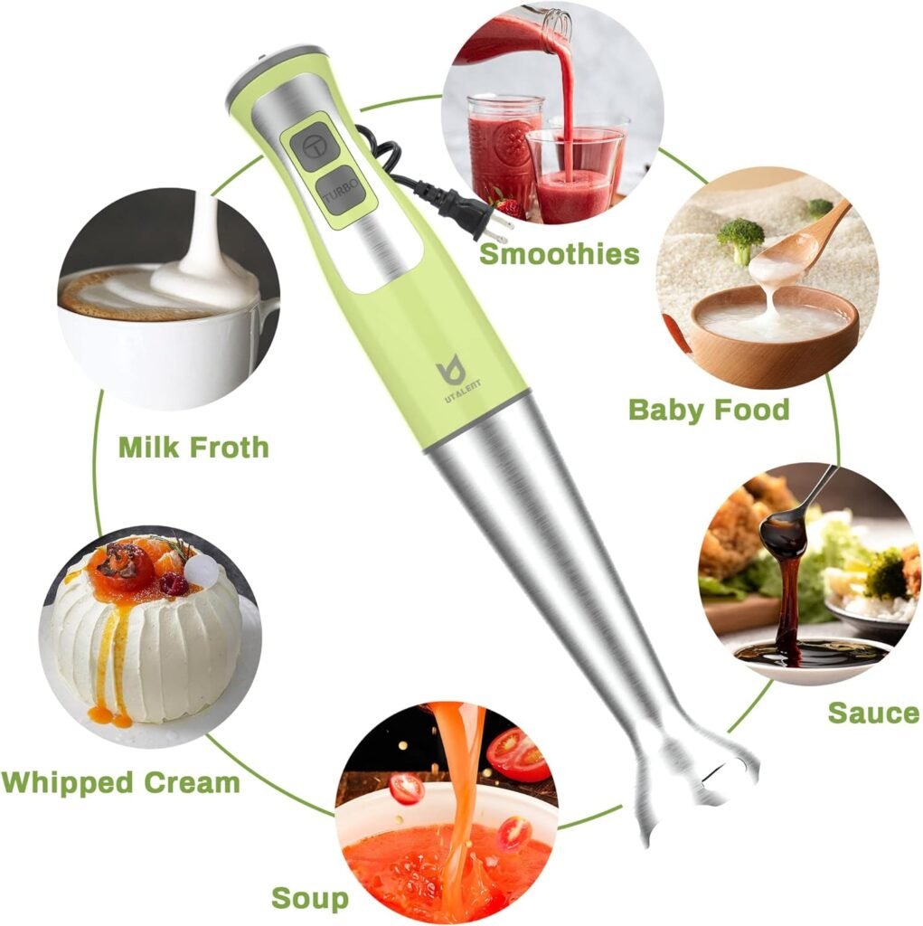 Immersion Hand Blender, UTALENT 3-in-1 8-Speed Stick Blender with Milk Frother, Egg Whisk for Coffee Milk Foam, Puree Baby Food, Smoothies, Sauces and Soups - Green