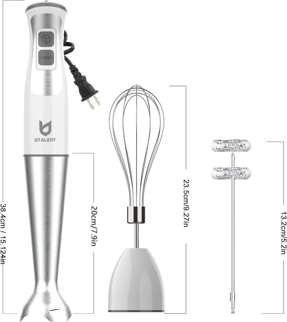 Immersion Hand Blender, UTALENT 3-in-1 8-Speed Stick Blender with Milk Frother, Egg Whisk for Smoothies, Coffee Milk Foam, Puree Baby Food, Sauces and Soups - White