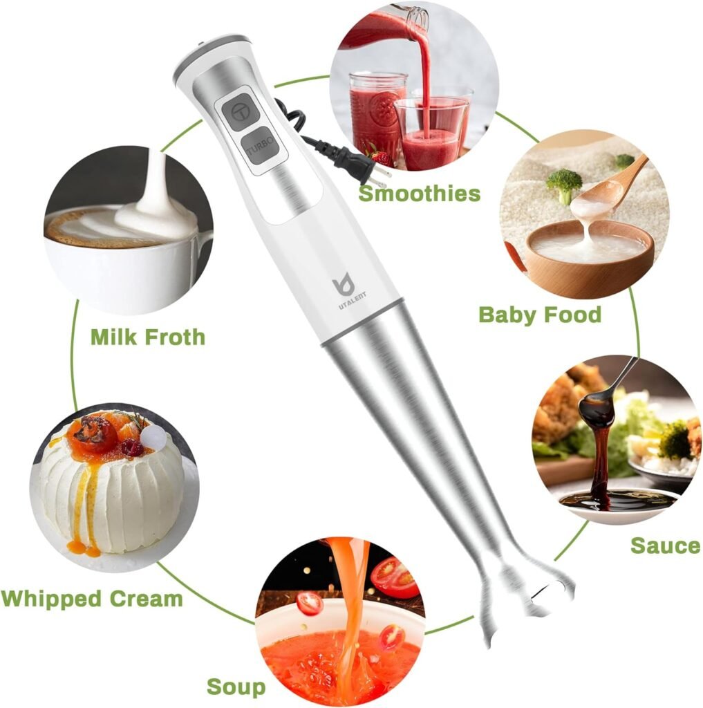 Immersion Hand Blender, UTALENT 3-in-1 8-Speed Stick Blender with Milk Frother, Egg Whisk for Smoothies, Coffee Milk Foam, Puree Baby Food, Sauces and Soups - White