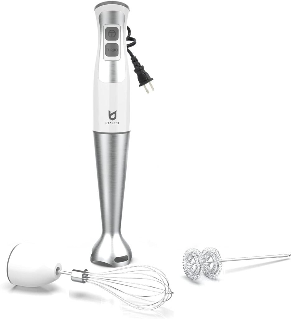 Immersion Hand Blender, UTALENT 3-in-1 8-Speed Stick Blender with Milk Frother, Egg Whisk for Smoothies, Coffee Milk Foam, Puree Baby Food, Sauces and Soups - White