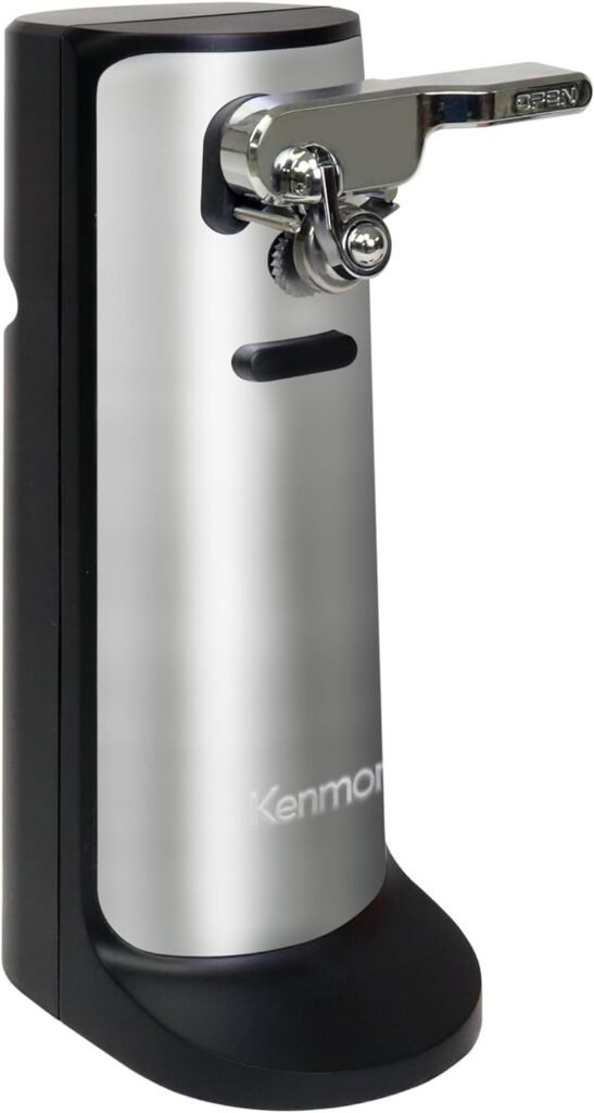 Kenmore 3-In-1 Automatic Electric Can Opener, Built-In Knife Sharpener  Bottle Opener, Hands-Free One-Touch Operation, Auto Shut-Off, Cord Storage (Black And Sliver)