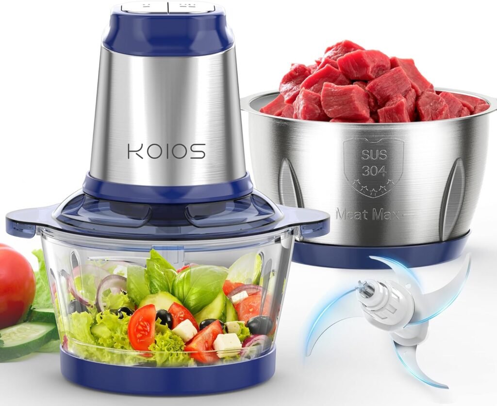 KOIOS 500W Powerful Electric Food Processor with 8 Cup Stainless Steel  Glass Bowls, 2 Speed Mode Electric Food Chopper with 2 Sets Blades Electric Meat Grinder Chopper for Family  Baby Use