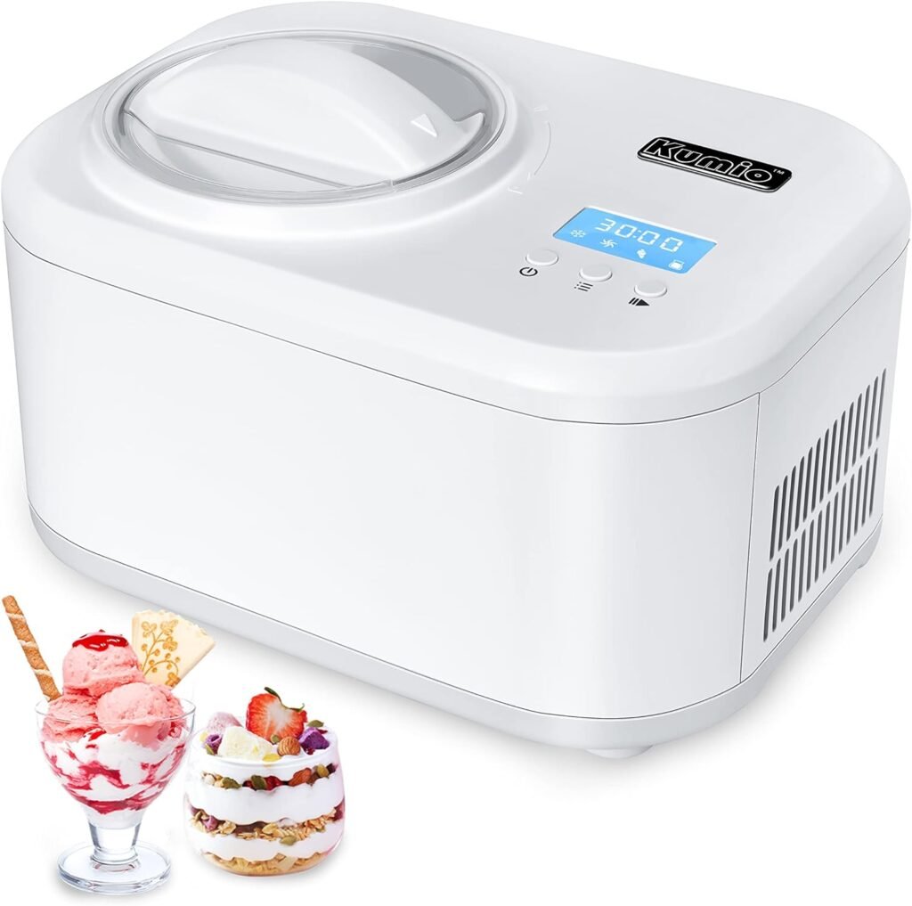 KUMIO 1.2-Quart Automatic Ice Cream Maker with Compressor, No Pre-freezing, 4 Modes Frozen Yogurt Machine with LCD Display  Timer, Electric Sorbet Maker Gelato Maker, Keep Cool Function