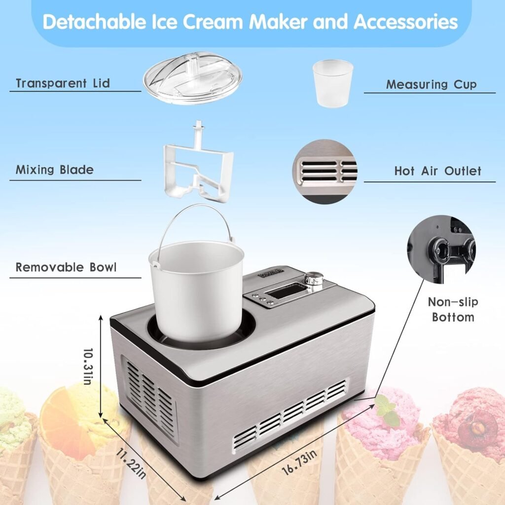 KUMIO 1.2-Quart Automatic Ice Cream Maker with Compressor, No Pre-freezing, 4 Modes Frozen Yogurt Machine with LCD Display  Timer, Electric Sorbet Maker Gelato Maker, Keep Cool Function