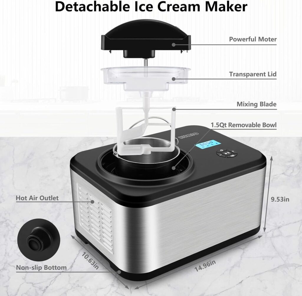 KUMIO 1.2-Quart Automatic Ice Cream Maker with Compressor, No Pre-freezing, 4 Modes Frozen Yogurt Machine with LCD Display  Timer, Electric Sorbet Maker Gelato Maker, Keep Cool Function