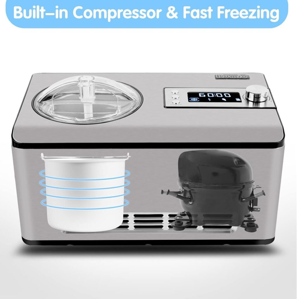 KUMIO 1.2-Quart Automatic Ice Cream Maker with Compressor, No Pre-freezing, 4 Modes Frozen Yogurt Machine with LCD Display  Timer, Electric Sorbet Maker Gelato Maker, Keep Cool Function