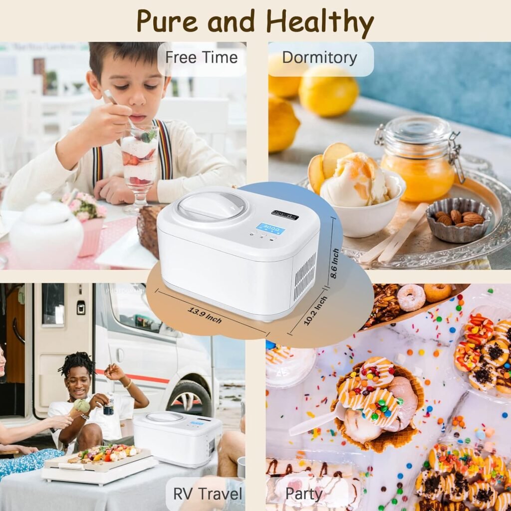 KUMIO 1.2-Quart Automatic Ice Cream Maker with Compressor, No Pre-freezing, 4 Modes Frozen Yogurt Machine with LCD Display  Timer, Electric Sorbet Maker Gelato Maker, Keep Cool Function