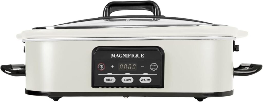 MAGNIFIQUE Small 4 Quart Casserole Programmable Slow Cooker with Ceramic Baking Dish - Perfect Kitchen Small Appliance for Family Dinners, Oven Safe and Durable Bakeware for Lasagna, Roasts (White)