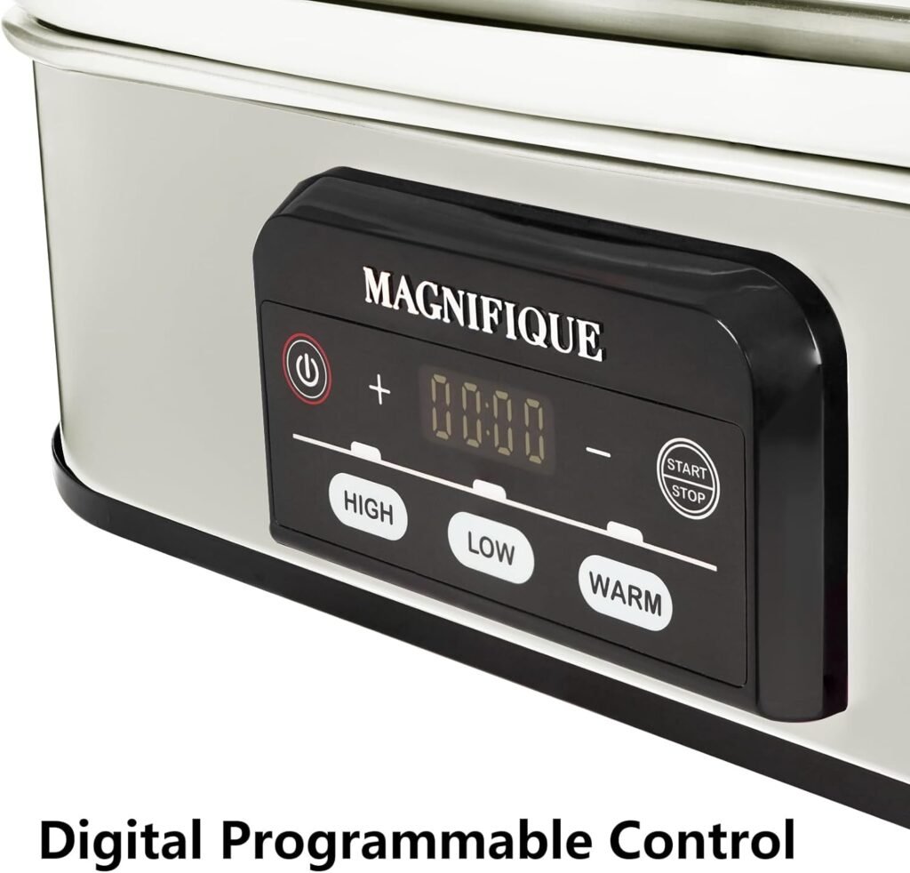 MAGNIFIQUE Small 4 Quart Casserole Programmable Slow Cooker with Ceramic Baking Dish - Perfect Kitchen Small Appliance for Family Dinners, Oven Safe and Durable Bakeware for Lasagna, Roasts (White)