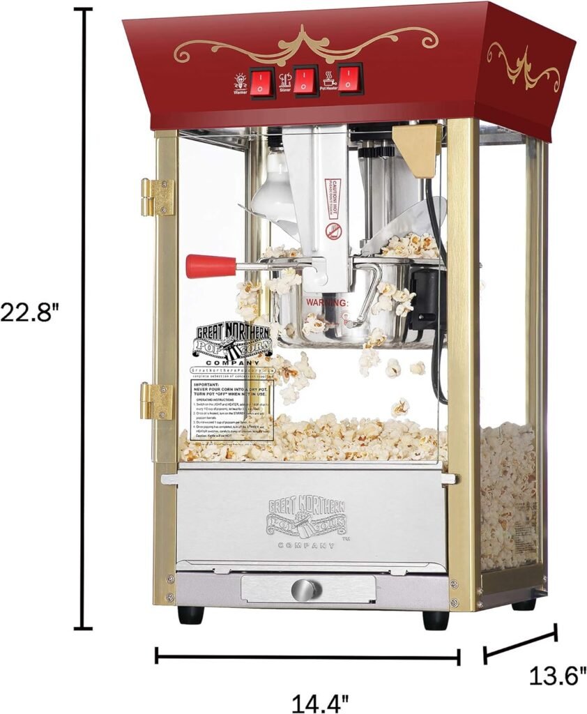 Matinee Popcorn Machine - 8oz Popper with Stainless-Steel Kettle, Reject Kernel Tray, Warming Light, and Accessories by Great Northern Popcorn (Red)